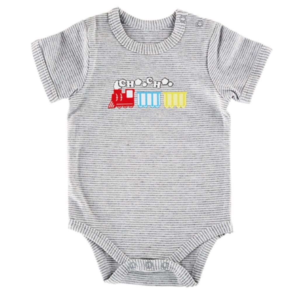 STEPHAN BABY: Infant Gray Stripe CHOOCHOO TRAIN Bodysuit Snap Suit 0-3mo
